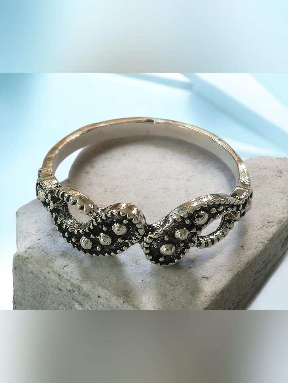 Marcasite  Infinity Double Loop Facated Studs New Size 7 Silver Ring